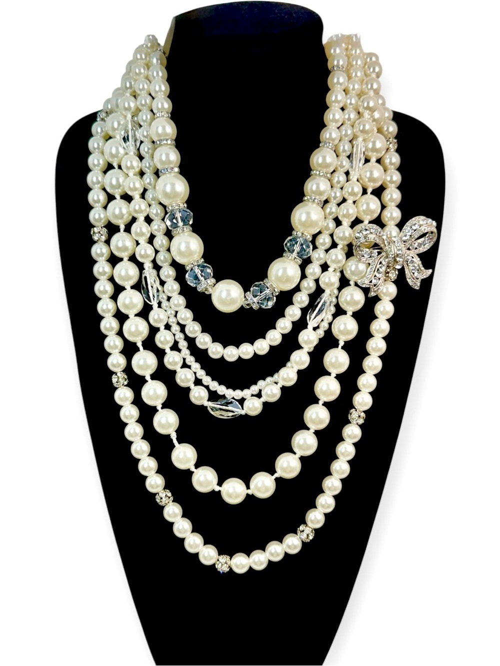 WHBM $98 Multi Strand Pearl Crystal Bow Statement Necklace 36” NWT